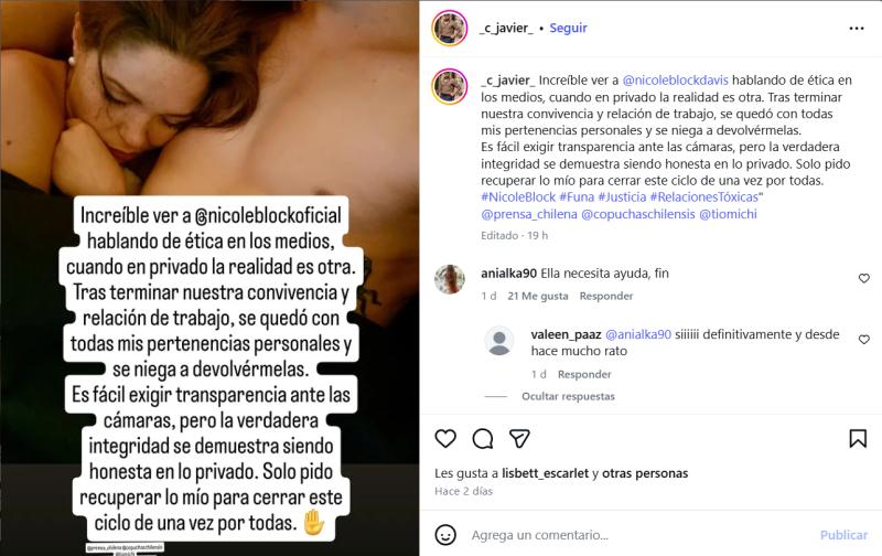 La denuncia de expareja de Nicole Block en redes sociales - Instagram