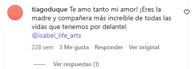 Comentario del esposo de Isabel Ruiz en una publicación de Instagram