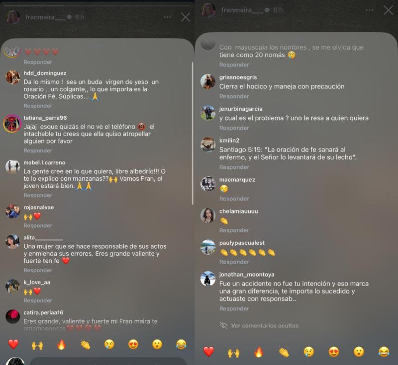 Comentarios por mensaje de Fran Maira a joven que atropelló | Instagram