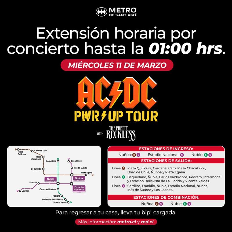 Metro cerrará más tarde este miércoles por concierto de AC/DC