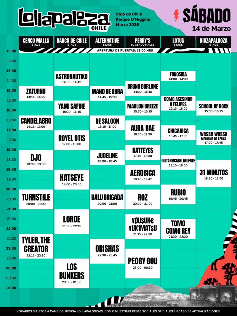 Line up del Lollapalooza Chile 2026, día sábado 14 de marzo