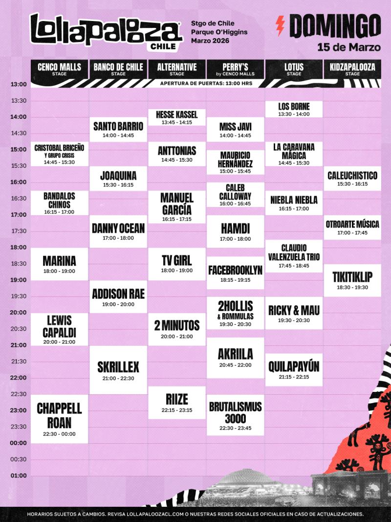 Line up del Lollapalooza Chile 2026, día domingo 15 de marzo