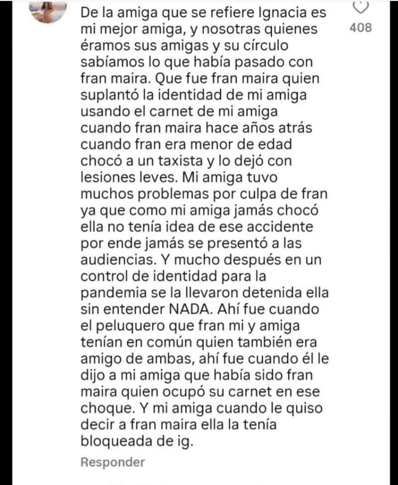 Comentario apoyando la versión de Ignacia Michelson | Instagram