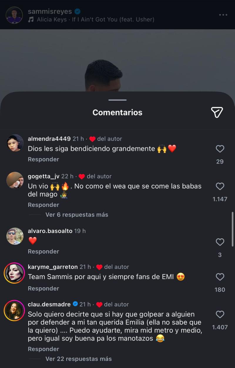 Comentarios a los que Sammis Reyes dio like - Instagram