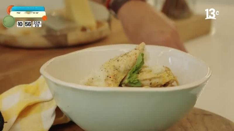 Pasta integral con pollo, pesto y crema. 13C
