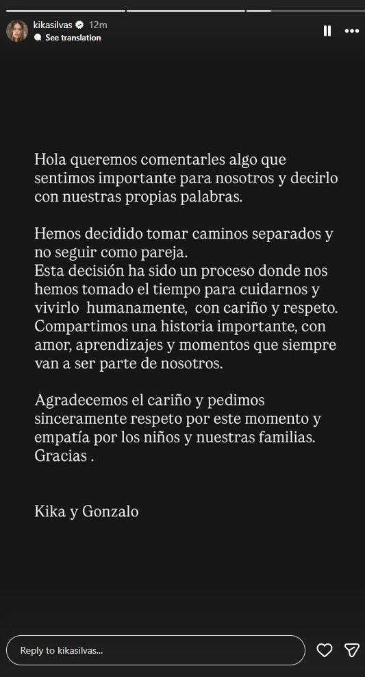 Declaración de Kika Silva y Gonzalo Valenzuela dando a conocer su quiebre matrimonial | Instagram