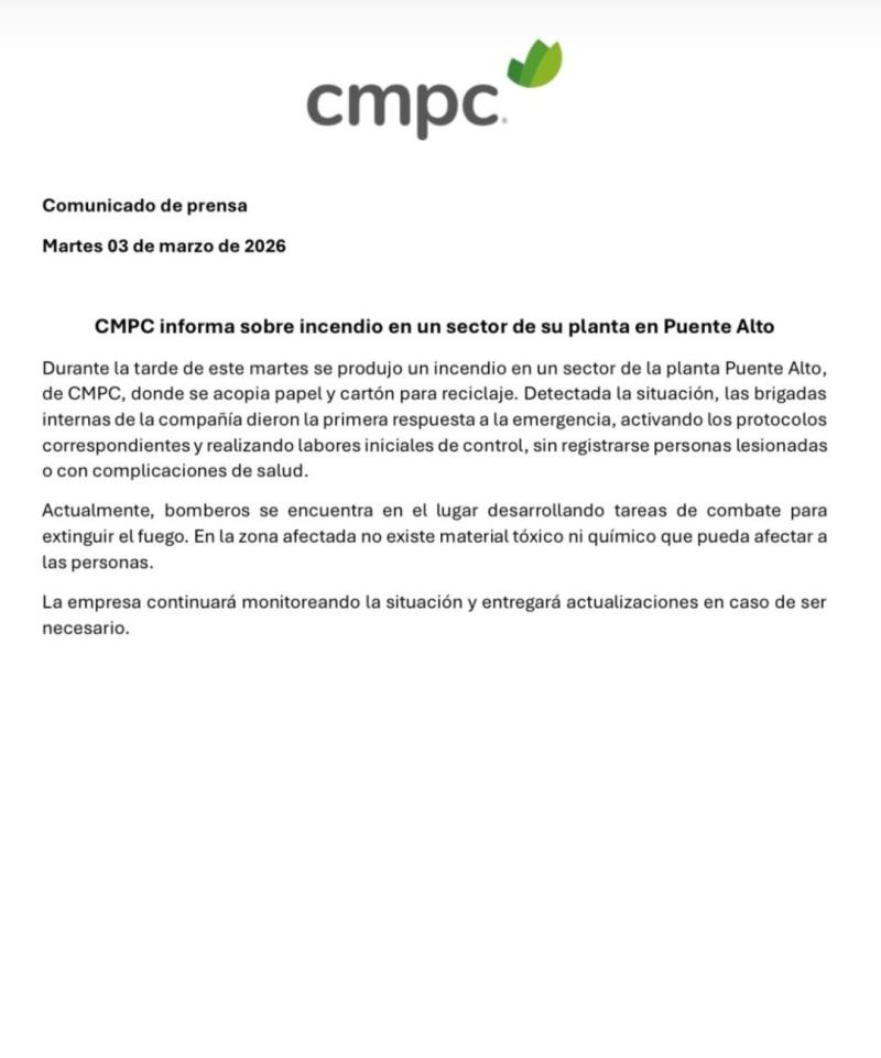 Comunicado de la empresa CMPC por incendio en Puente Alto