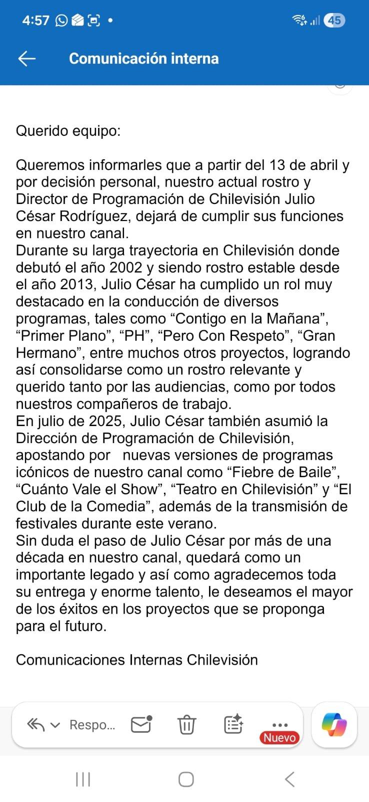 El mail con el que se dio aviso a la renuncia de Julio César Rodríguez - X @osses