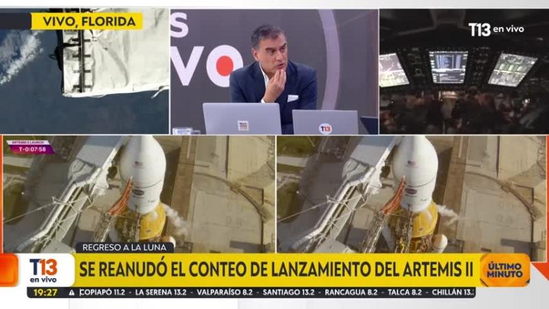 Ramón Ulloa en la transmisión del despegue del Artemis II. Créditos: T13 En Vivo.