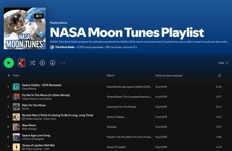 "NASA Moon Tunes” es una playlist oficial con más de 200 canciones que escuchan los astronautas de Artemis II. Créditos: Captura.