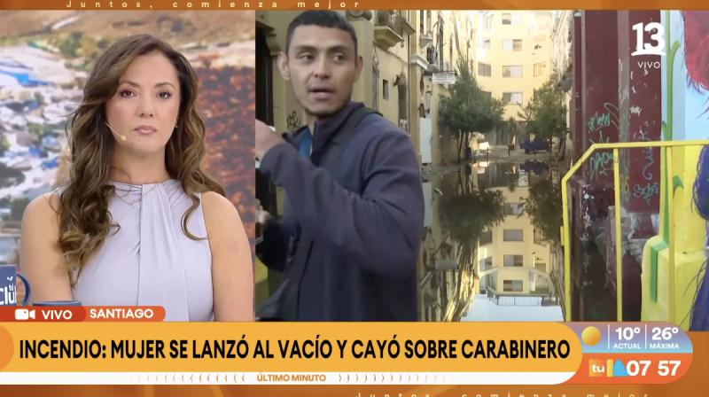 Mujer se lanzó al vacío y cae sobre carabinero en incendio en Santiago.