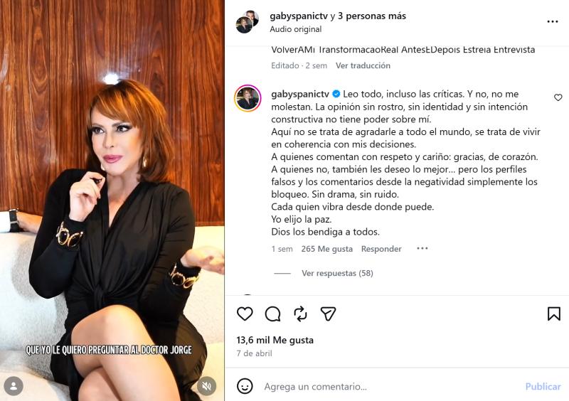 Actriz de La Usurpadora Gaby Spanic responde a comentarios | Instagram