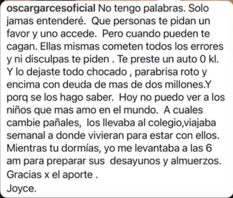 Reclamos de Óscar Garcés contra su cuñada | Instagram
