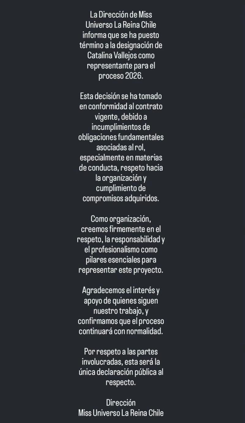 El comunicado con el que informaron la destitución de Cata Vallejos - Instagram