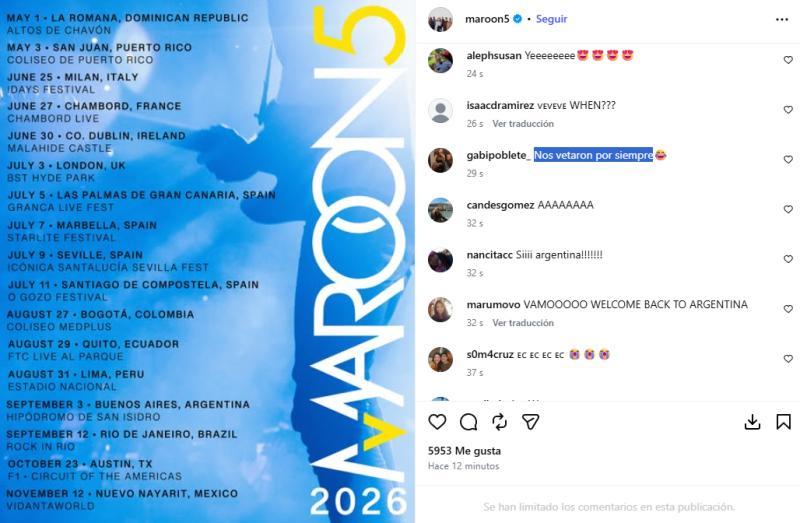 Comentarios en publicación de conciertos de Marron 5 | Instagram