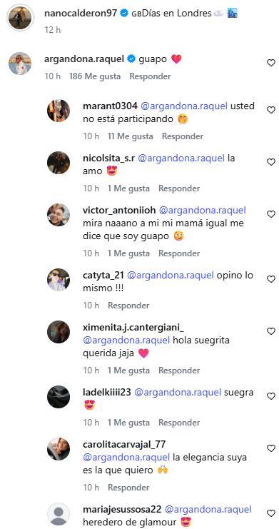 Reacciones en comentario de Raquel Argandoña en publicación de Nano Calderón | Instagram