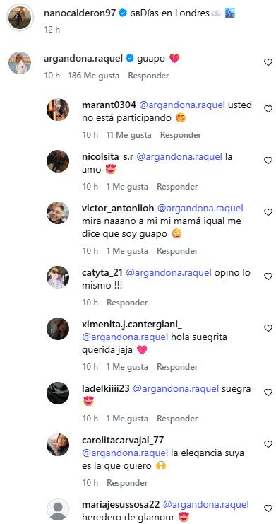Reacciones en comentario de Raquel Argandoña en publicación de Nano Calderón | Instagram