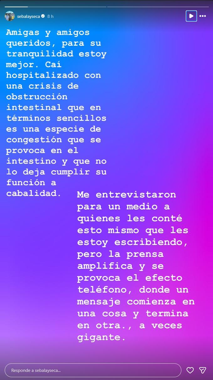 Sebastián Layseca actualiza su estado de salud | Instagram