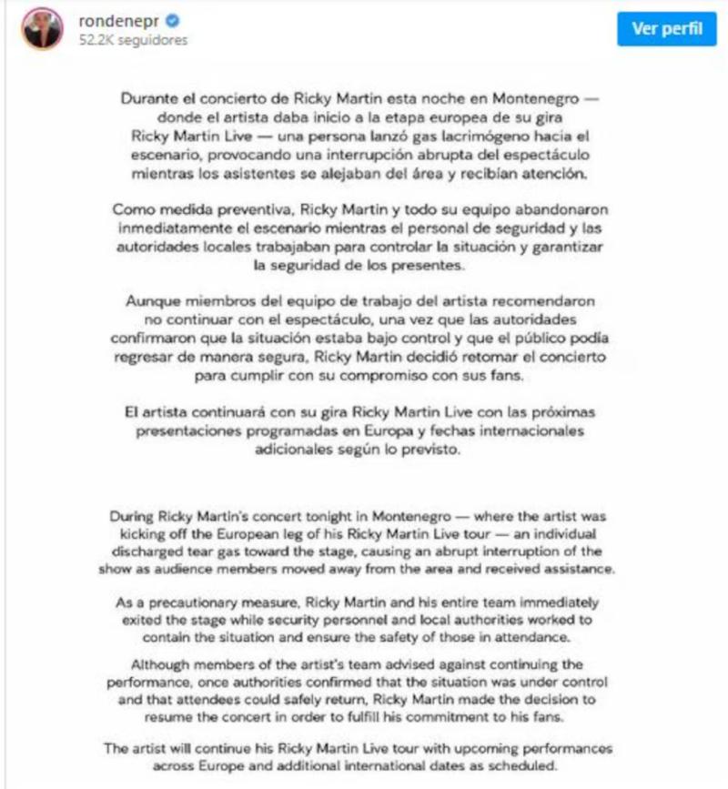Comunicado sobre show de Ricky Martin | Instagram Infobae