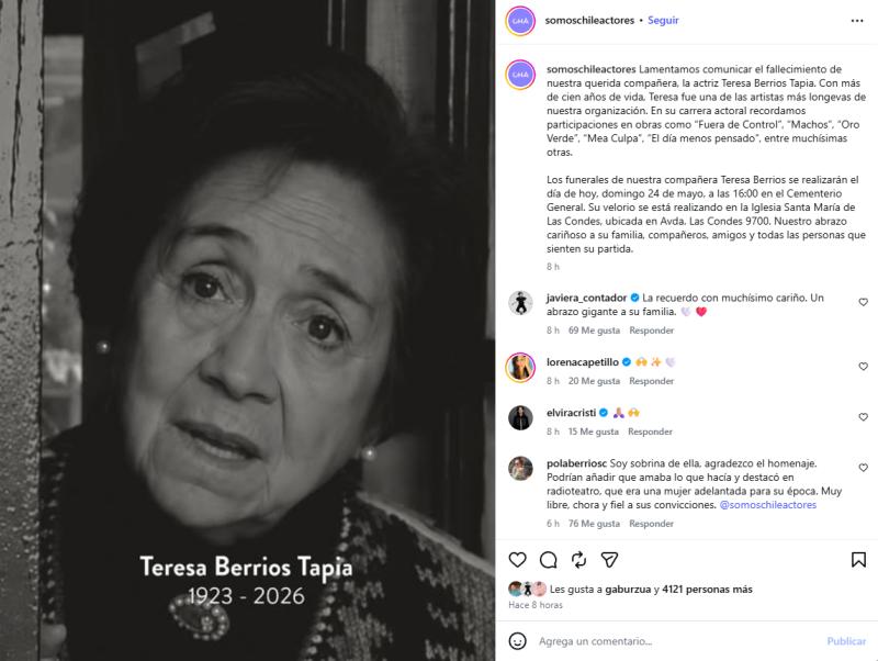 Chile Actores confirma fallecimiento de la aztriz Teresa Berríos | Instagram