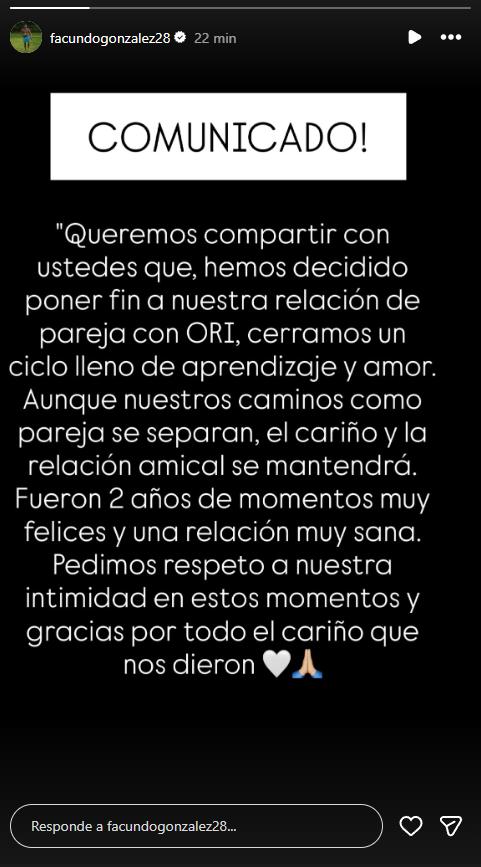 Facundo González anuncia quiebre sentimental con Oriana Marzoli | Instagram