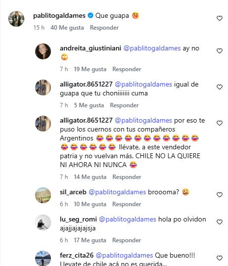 Reacciones al comentario de Pablo Galdames por publicación de Catalina Vallejos | Instagram