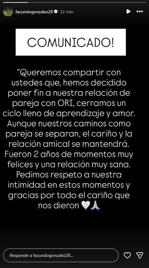 Facundo González anunció el 25 de mayo su quiebre sentimental con Oriana Marzoli | Instagram