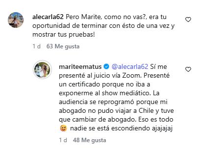 Marité Matus responde a haters en redes sociales | Instagram