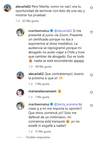 Marité Matus restringió los comentarios en sus redes sociales tras mensajes en mala onda | Instagram