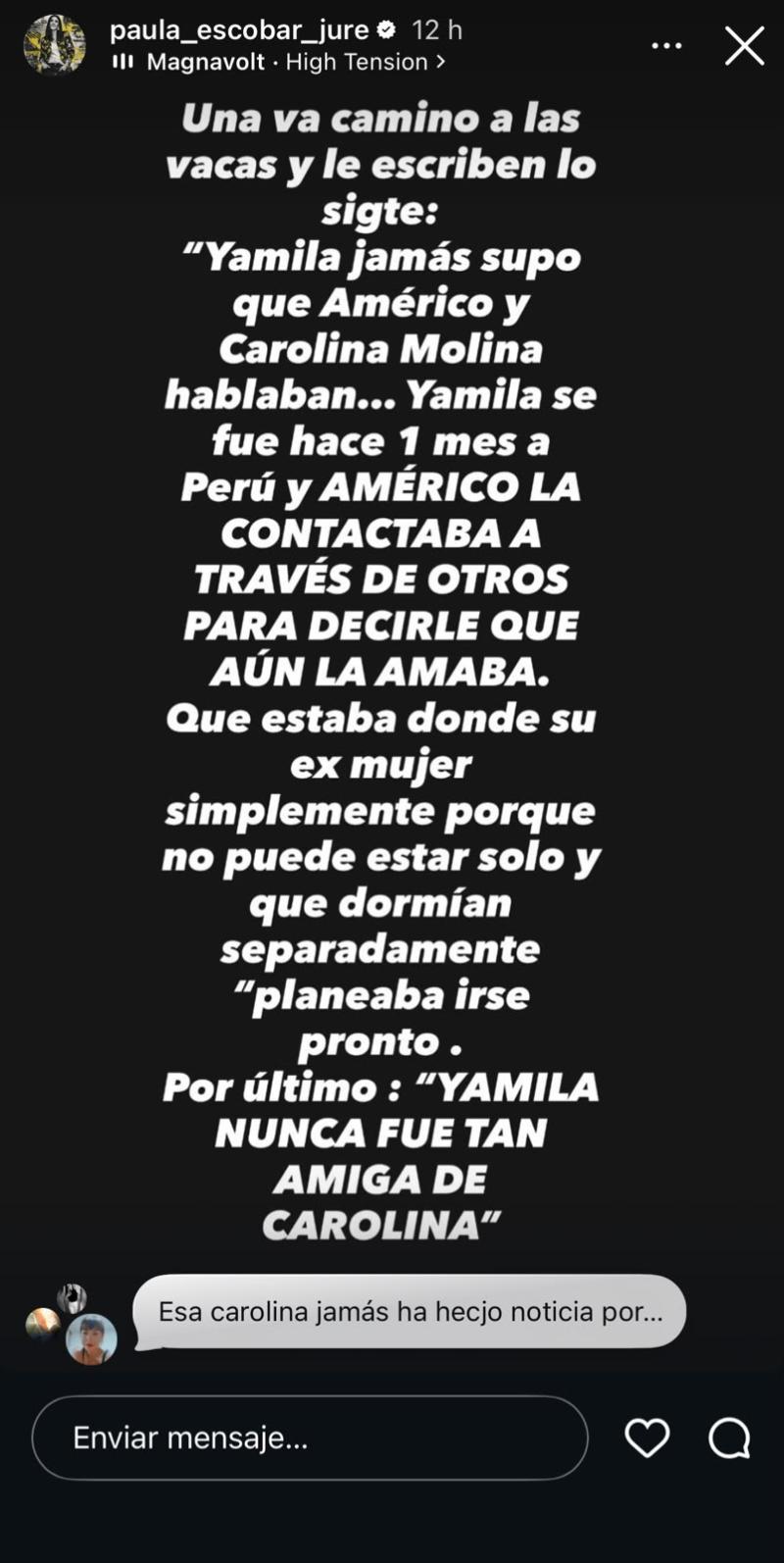 Paula Escobar sobre Américo y Yamila - Instagram