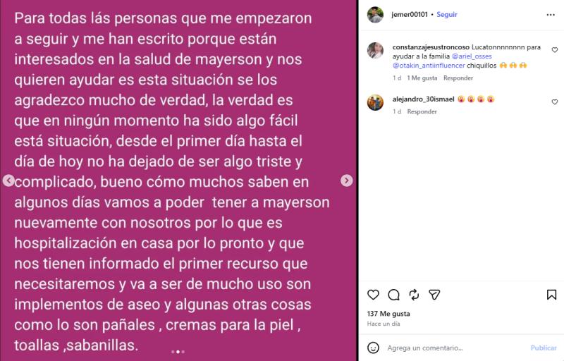 Hermano de joven atropellado por Fran Maira detalla los implementos que necesitan para su cuidado | Instagram-