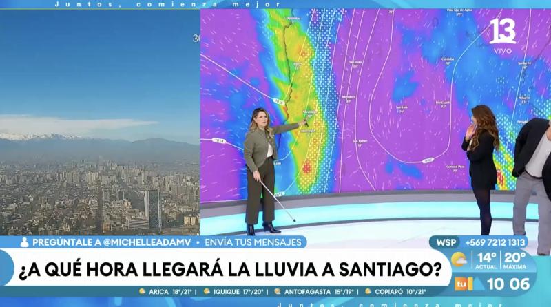 Michelle Adam cuenta a qué hora comenzará la lluvia en Santiago.