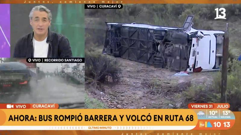 Bus rompió barrera y volcó en Ruta 68, Curacaví.