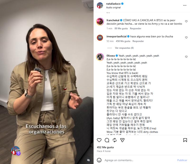 Reacciones en las redes sociales de la ministra Natalia Ducó por concierto de BTS | Instagram