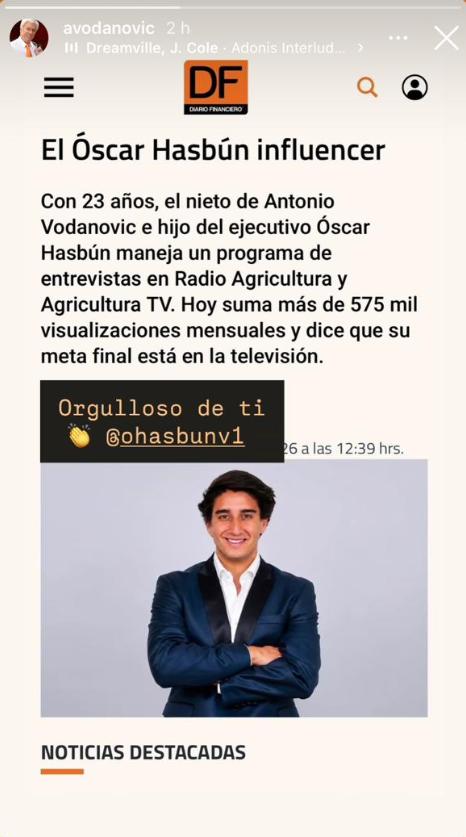 Antonio Vodanovic celebró el logro de su nieto Óscar Hasbun | Instagram