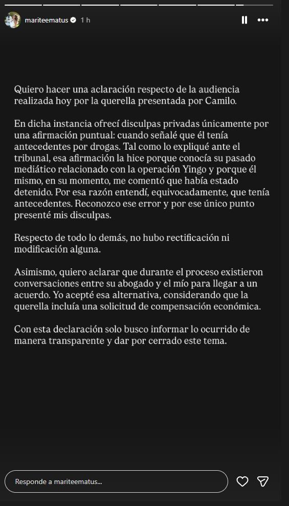 Declaración pública de Marité Matus | Instagram