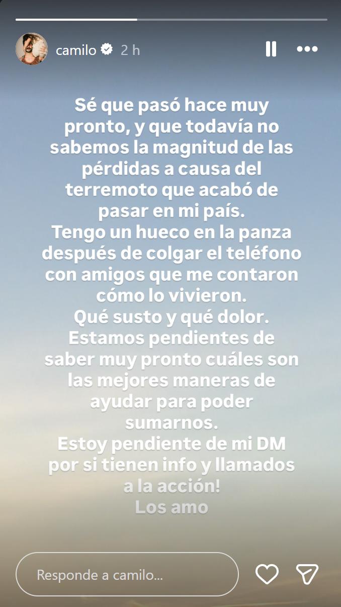 Cantante Camilo por terremoto en Colombia | Instagram