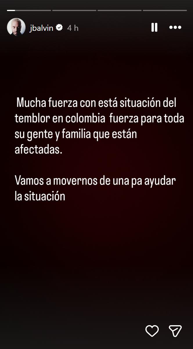 J Balvin por terremoto en Colombia | Instagram