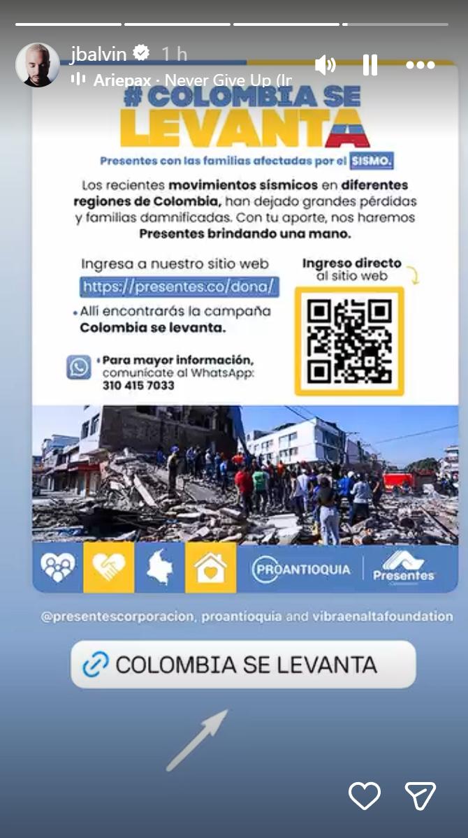 J Balvin por terremoto en Colombia | Instagram