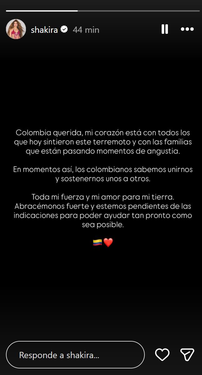 Shakira por terremoto en Colombia | Instagram