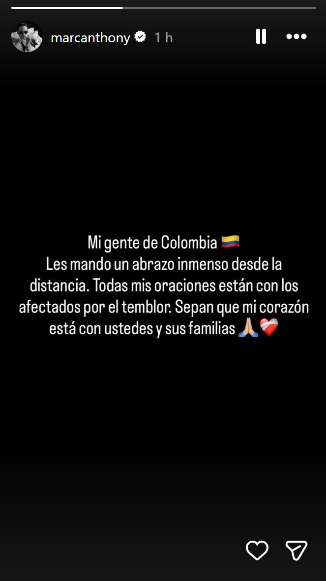 Marc Anthony por terremoto en Colombia | Instagram