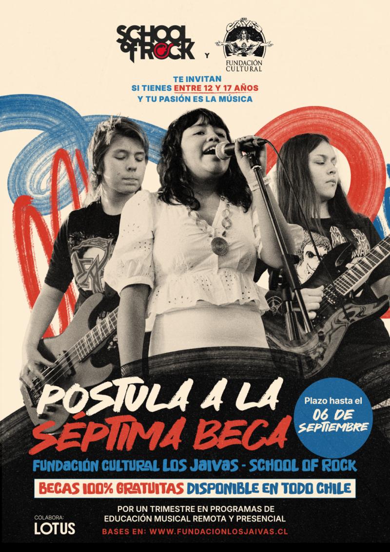 Fundación Cultural Los Jaivas y School of Rock abren convocatoria para su séptima beca de educación musical.
