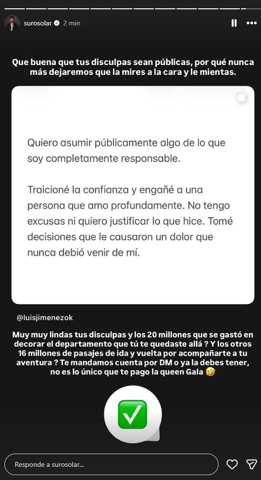 Publicación de Suro Solar por palabras de Luis Jiménez a Gala Caldirora | Crédito: Instagram Suro Solar
