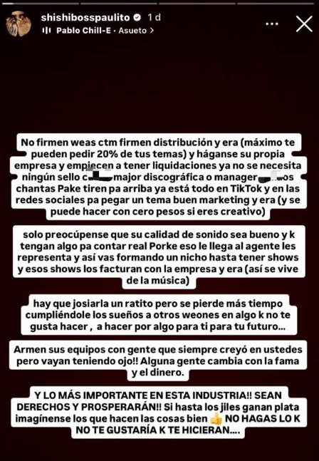 Historia de Instagram del cantante.