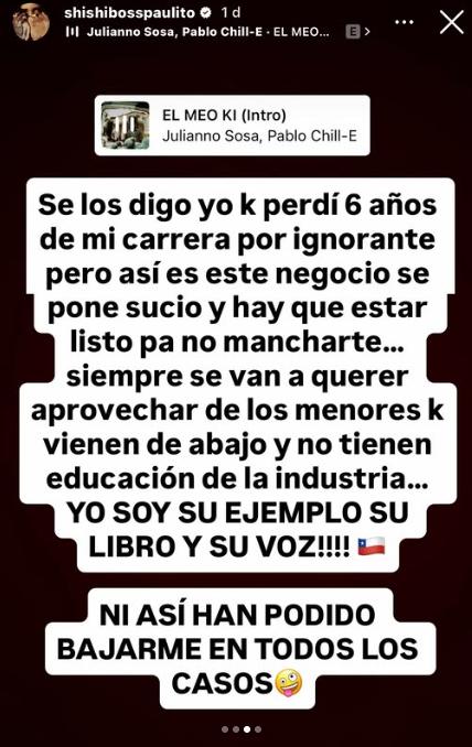 Historia de Instagram del cantante.