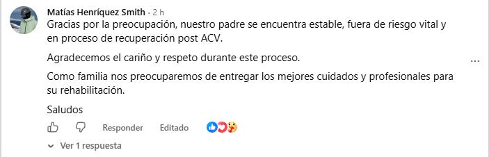 hijo de Hermógenes Conache actualizó su estado de salud | Crédito: Facebook Ricardo Meruane
