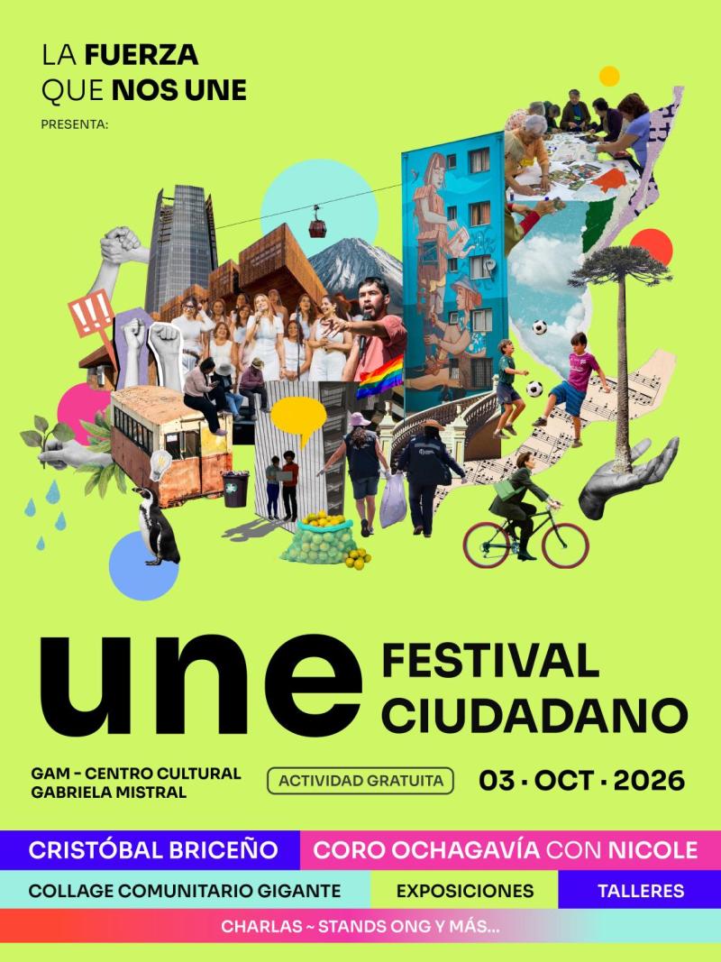 33 organizaciones sociales anuncian el Festival Ciudadano UNE, encabezado por Cristóbal Briceño y el Coro Ciudadano Ochagavía, dirigido por Nicole.
