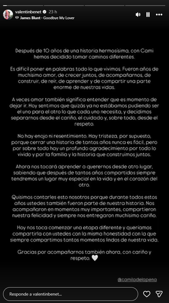 Valentín Benet e hija de Horacio de la Peña se separan | Crédito: Instagram @valentinbenet