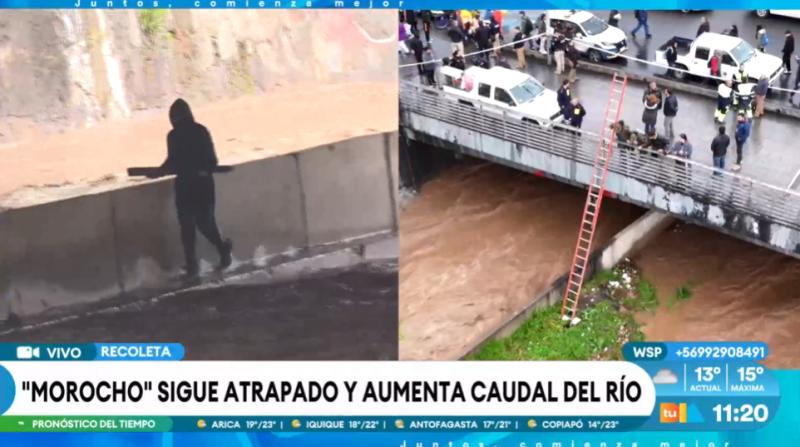 Sujeto baja al río Mapocho para rescatar a perrito: Morocho.