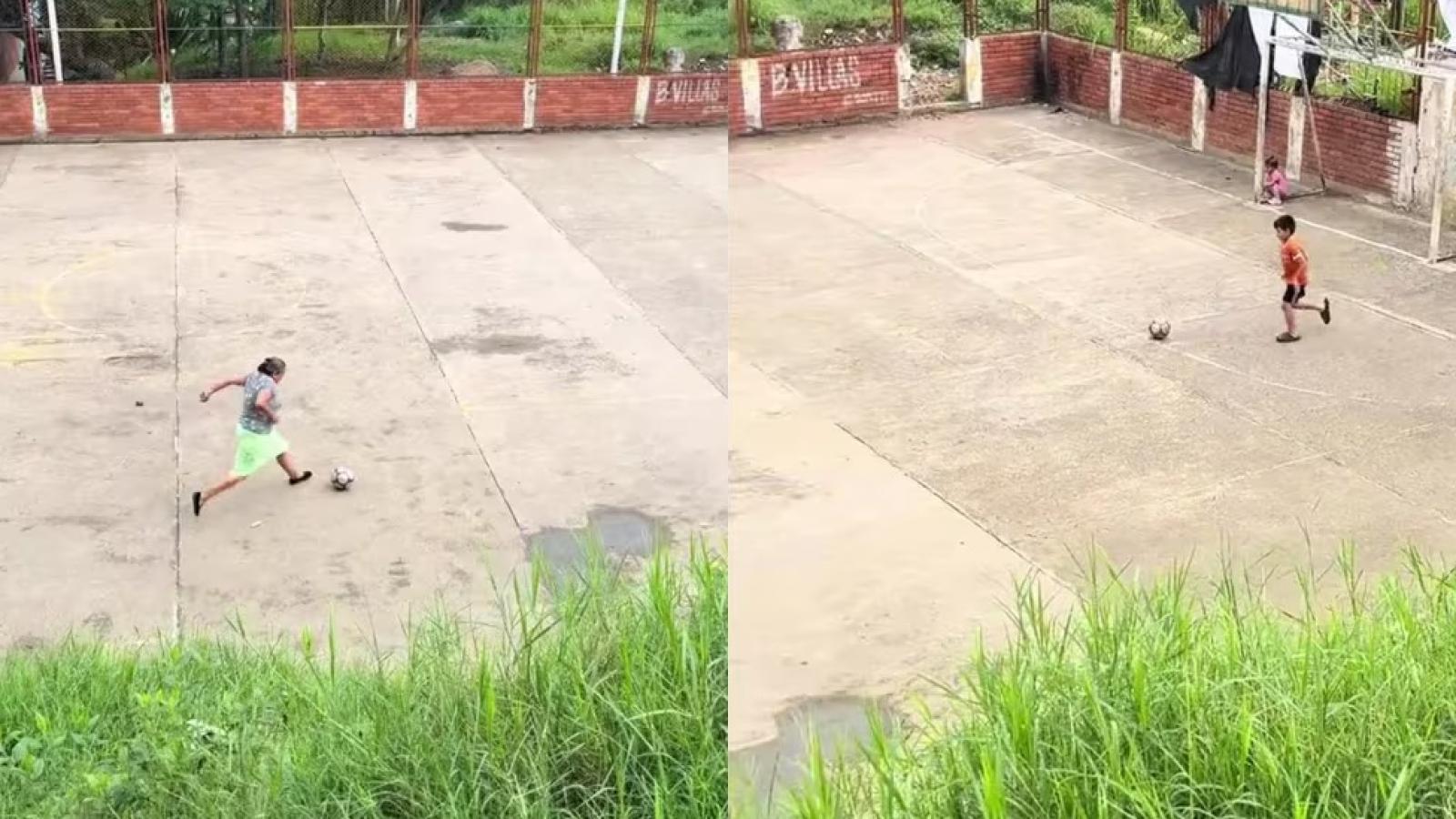 "Maradoña": difunden tierno registro de abuelita jugando fútbol con su nieto